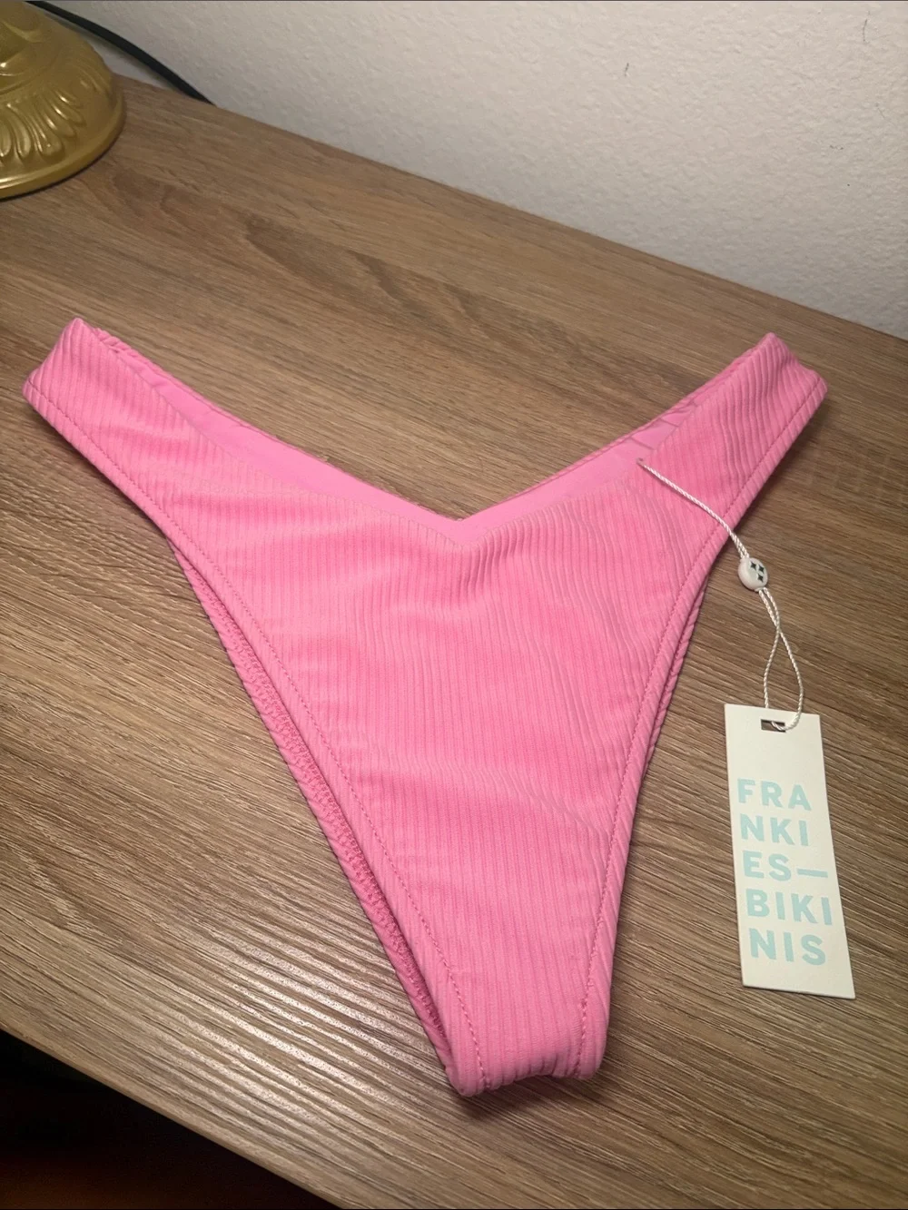 NWT Frankie's Bikinis Bright Pink Ribbed High-Cut Bikini Bottom
